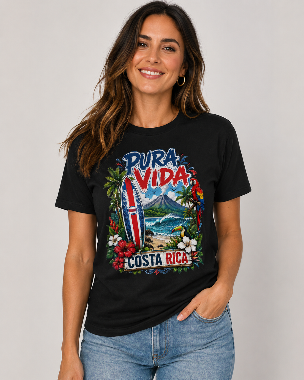 Pura Vida Costa Rica T-Shirt – Tropisches Urlaubsshirt mit Surf, Vulkan & Papagei