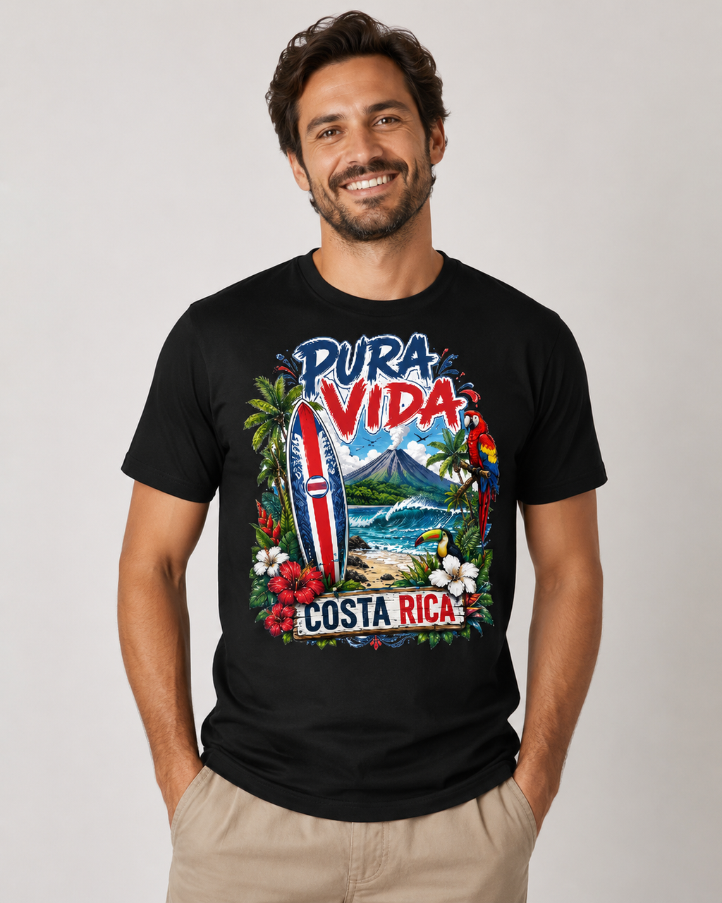 Pura Vida Costa Rica T-Shirt – Tropisches Urlaubsshirt mit Surf, Vulkan & Papagei
