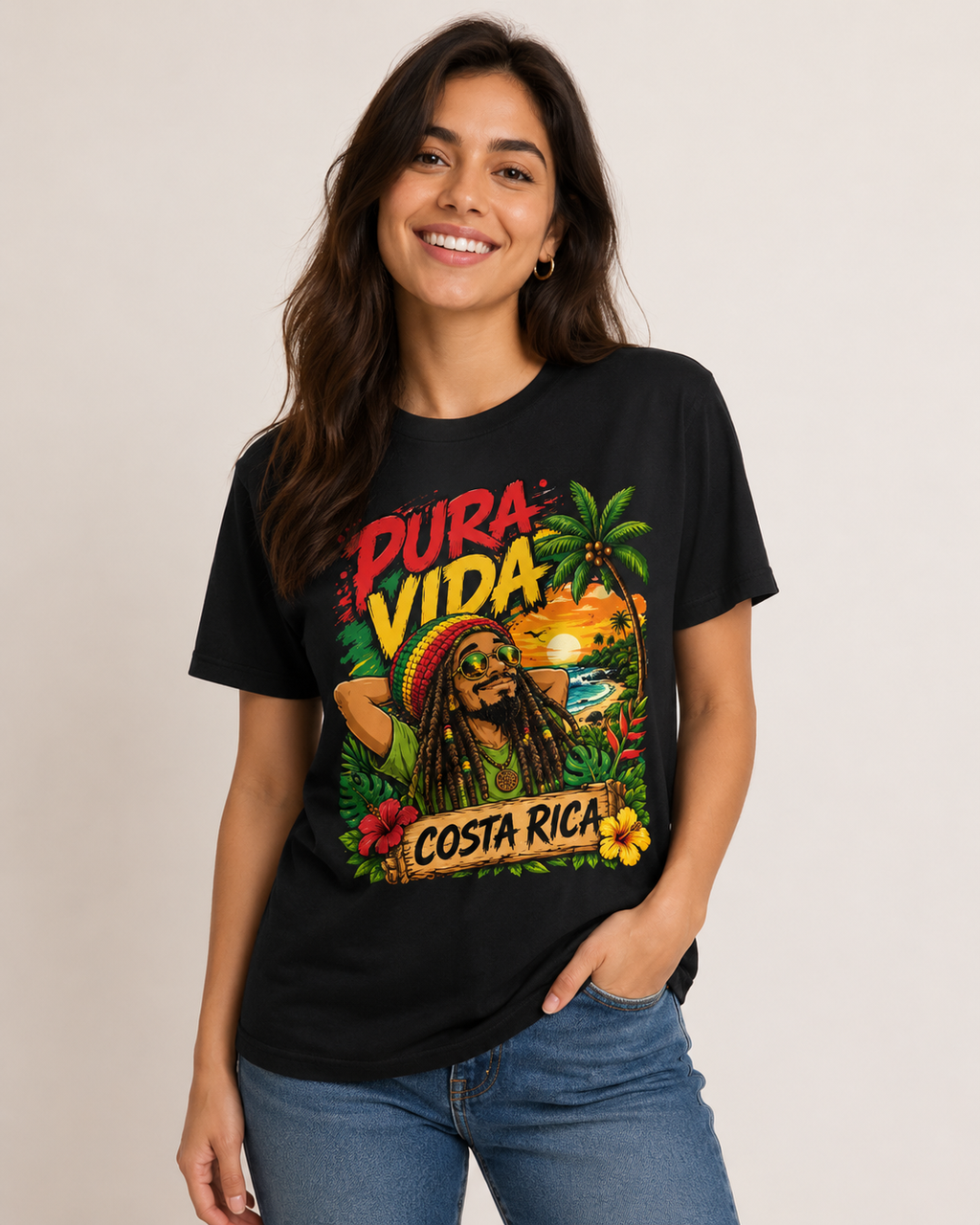 Pura Vida Costa Rica T-Shirt – Reggae Rasta Urlaubsshirt mit Sonnenuntergang