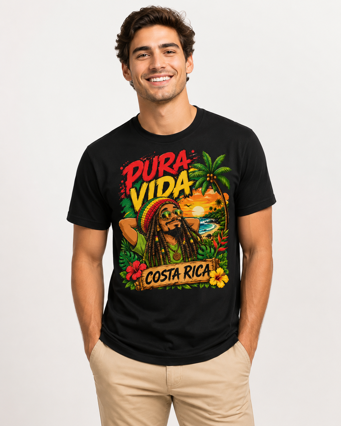 Pura Vida Costa Rica T-Shirt – Reggae Rasta Urlaubsshirt mit Sonnenuntergang